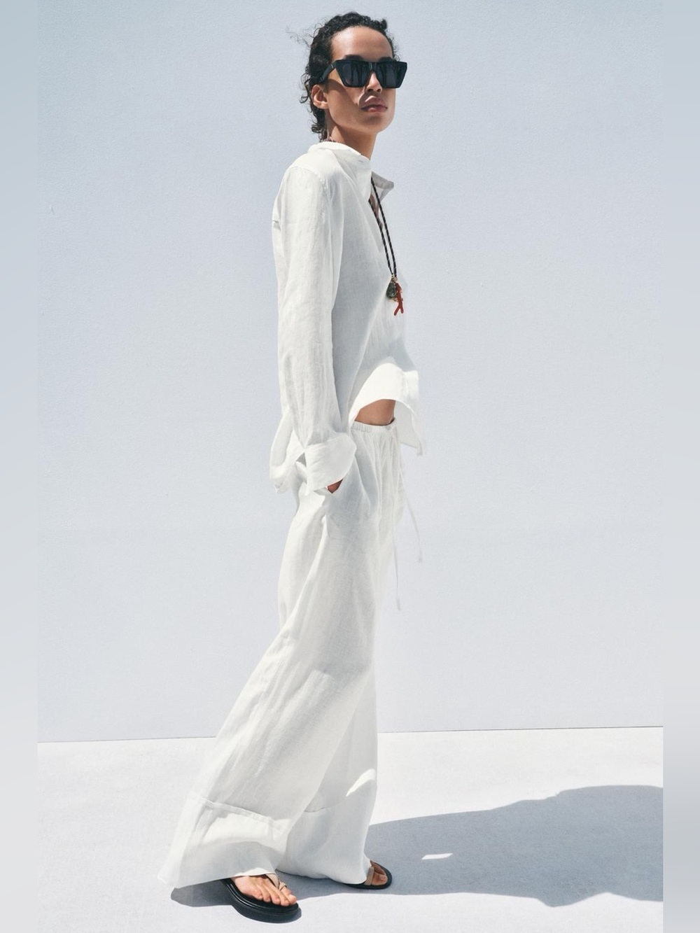 Zara Effortless White Wide Leg Linen Pants